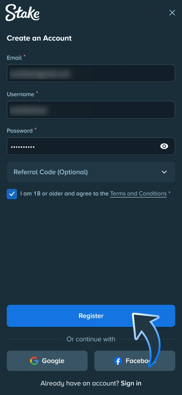 Click register button to make an account at Stake app.