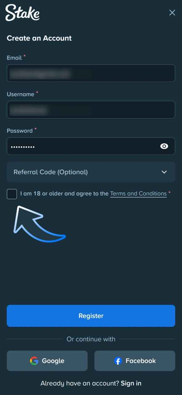Read casino terms and agree to them to join Stake.