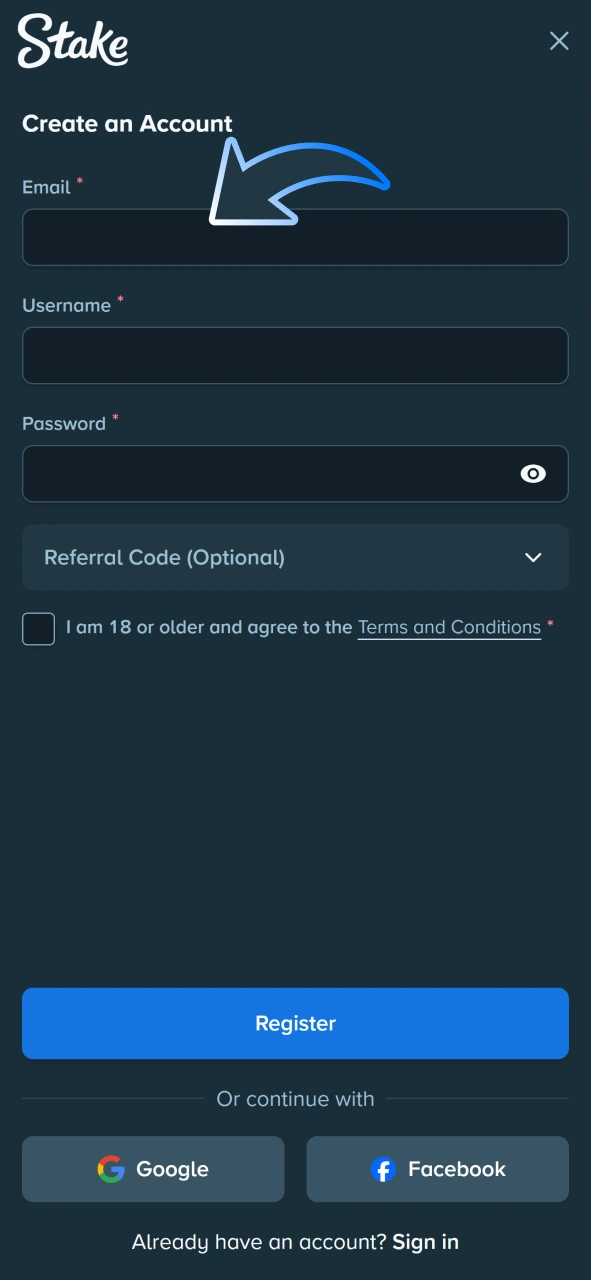 Fill all registration fields to join Stake.
