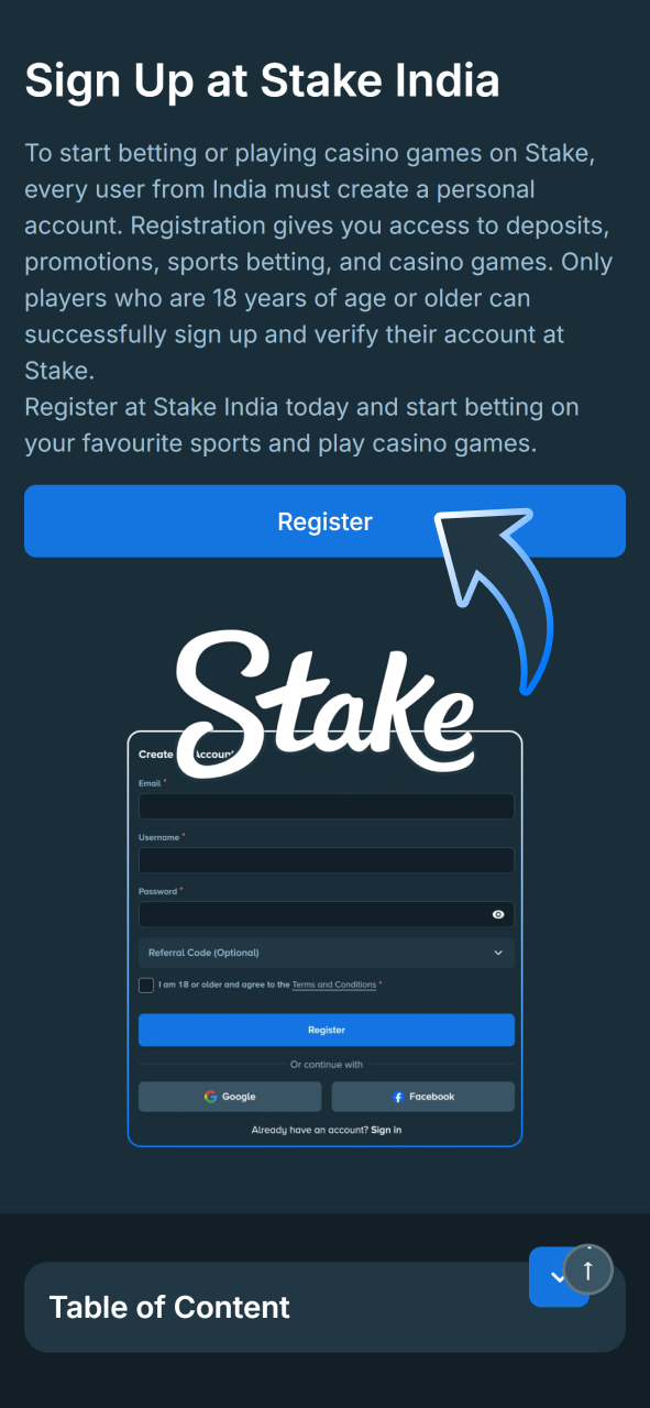 Click button at this page to create your Stake account.