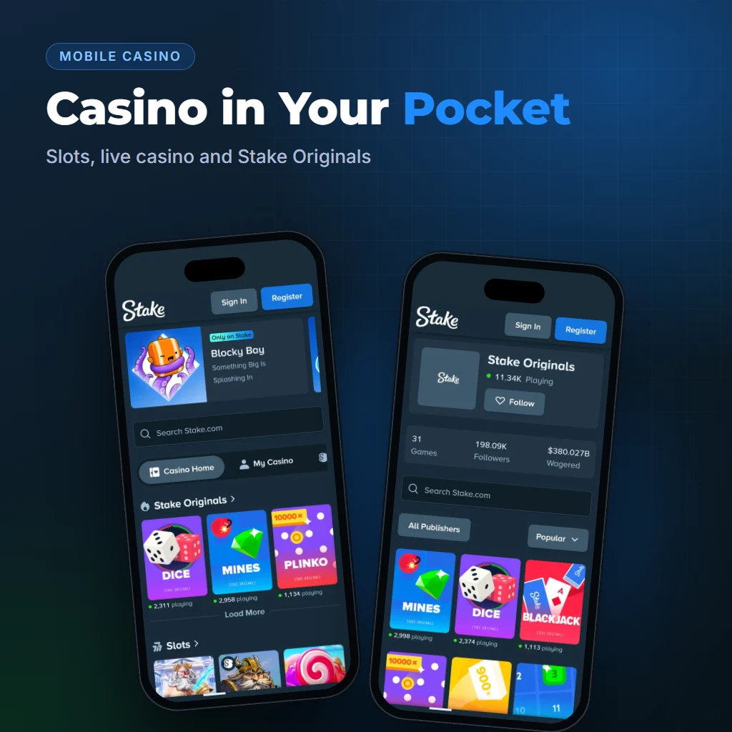Stake casino lobby and Stake Originals on two phones