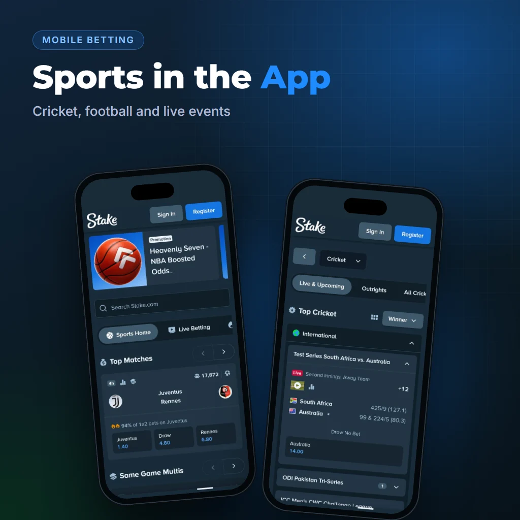 Stake sportsbook and cricket betting screens on two phones