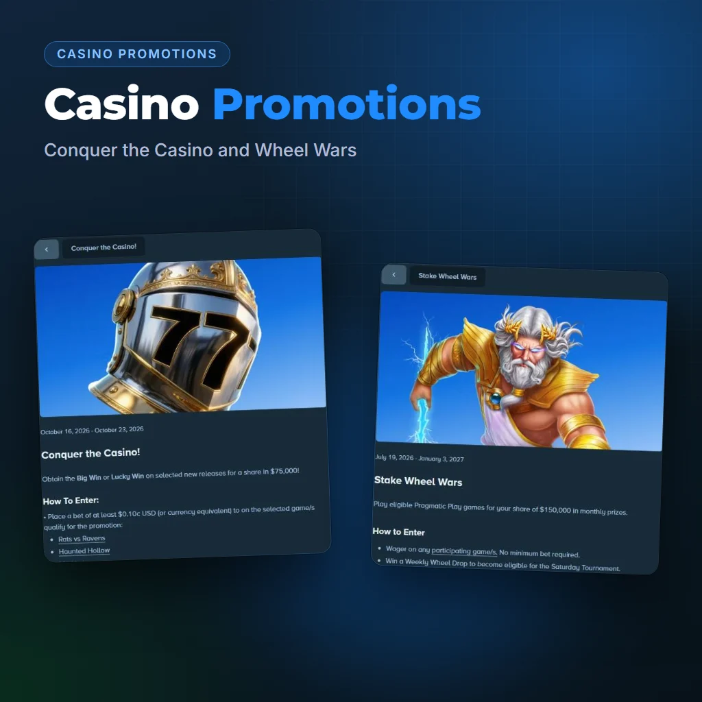 Stake Conquer the Casino and Wheel Wars promotion pages