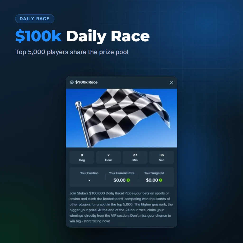 Stake $100k Daily Race window with timer and leaderboard position