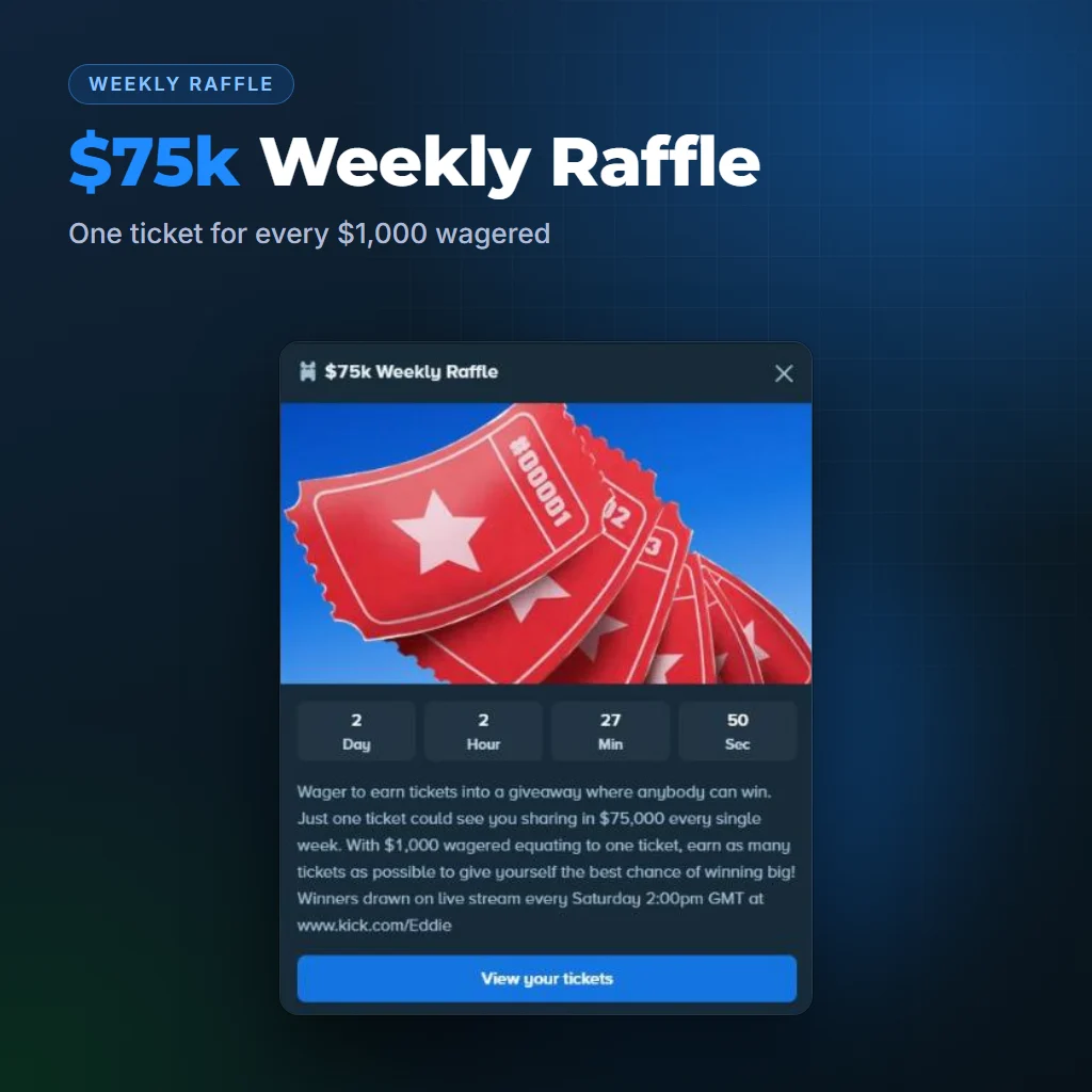 Stake $75k Weekly Raffle window with countdown and ticket rules