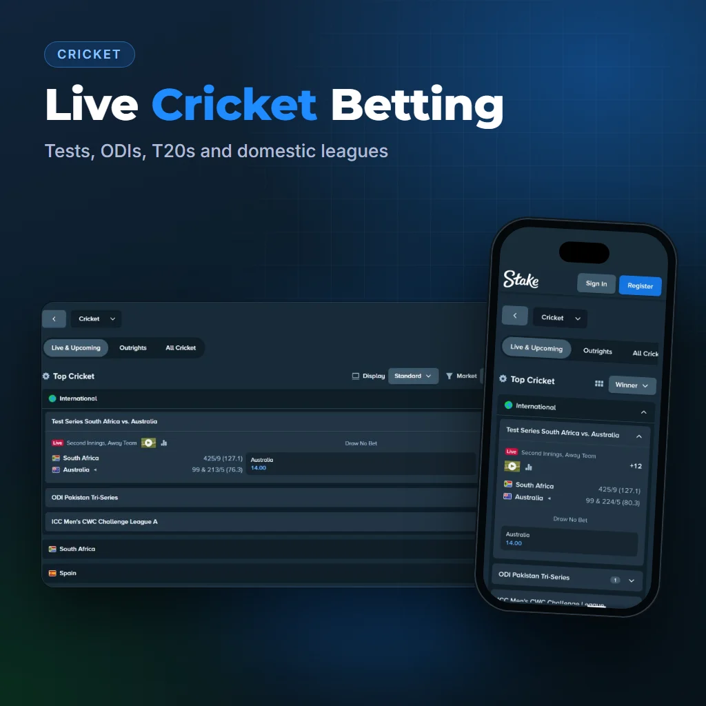 Stake live cricket betting on desktop and mobile with test match odds