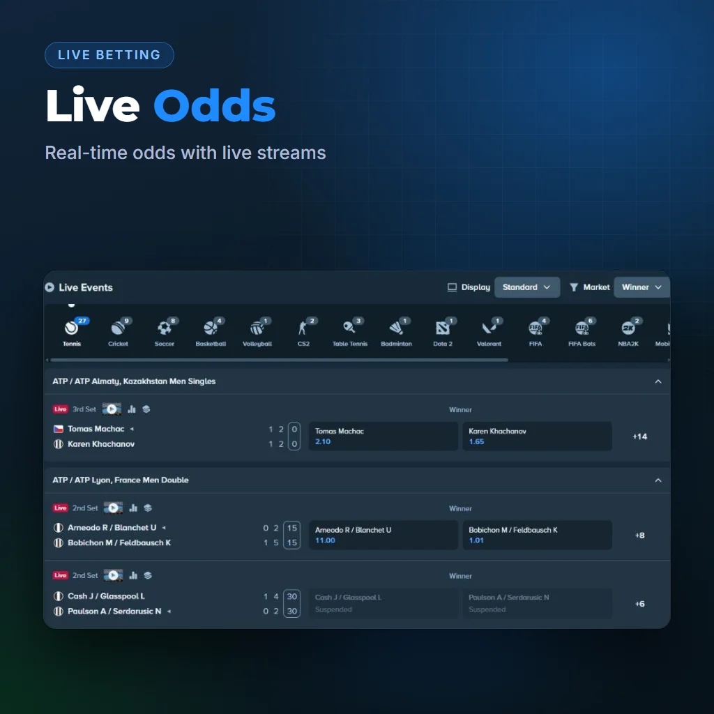 Stake live events page with in-play odds and live stream icons