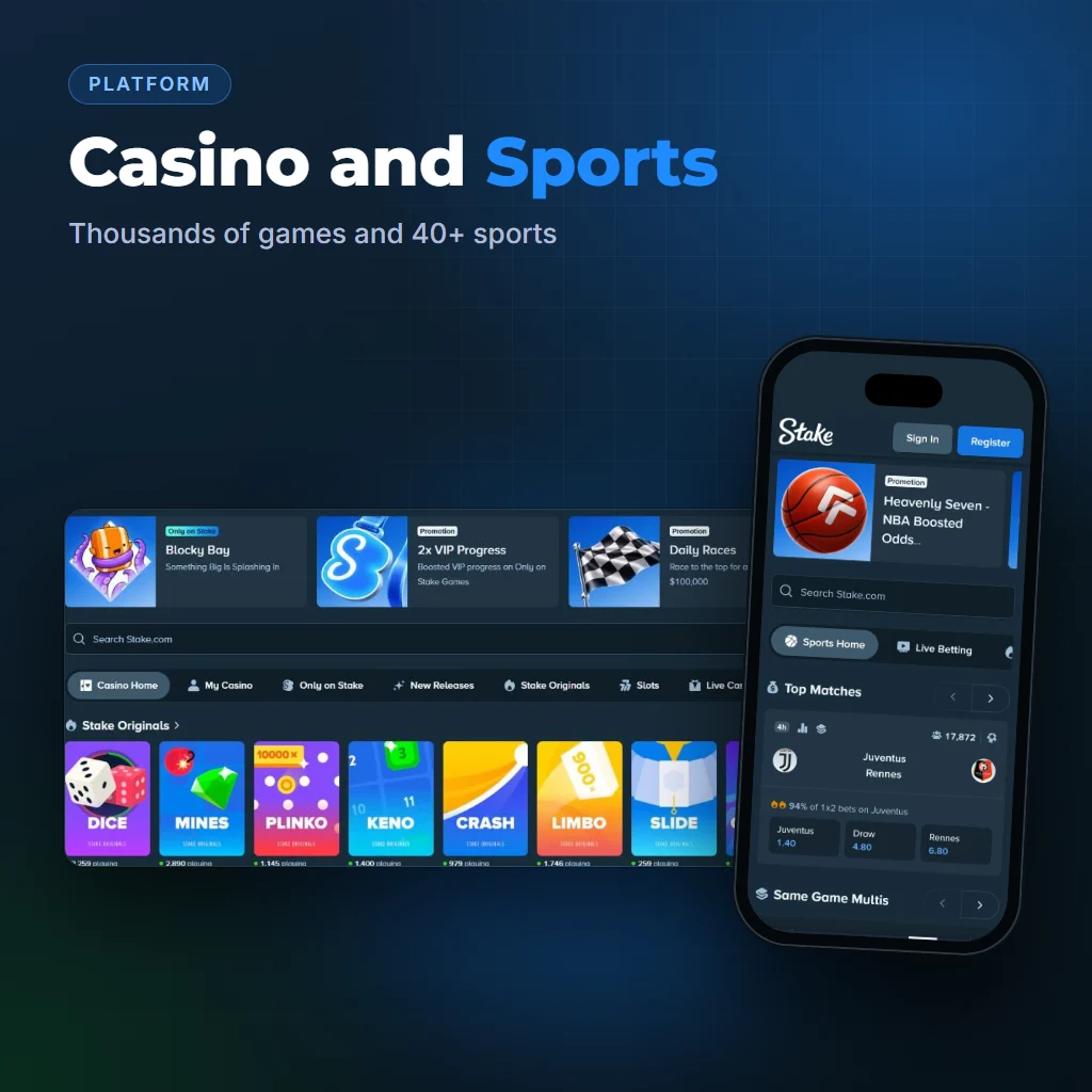 Stake casino lobby with Stake Originals and the sportsbook on mobile