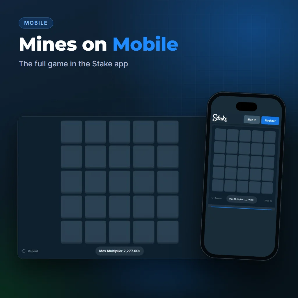 Stake Mines on a mobile phone next to the desktop game board