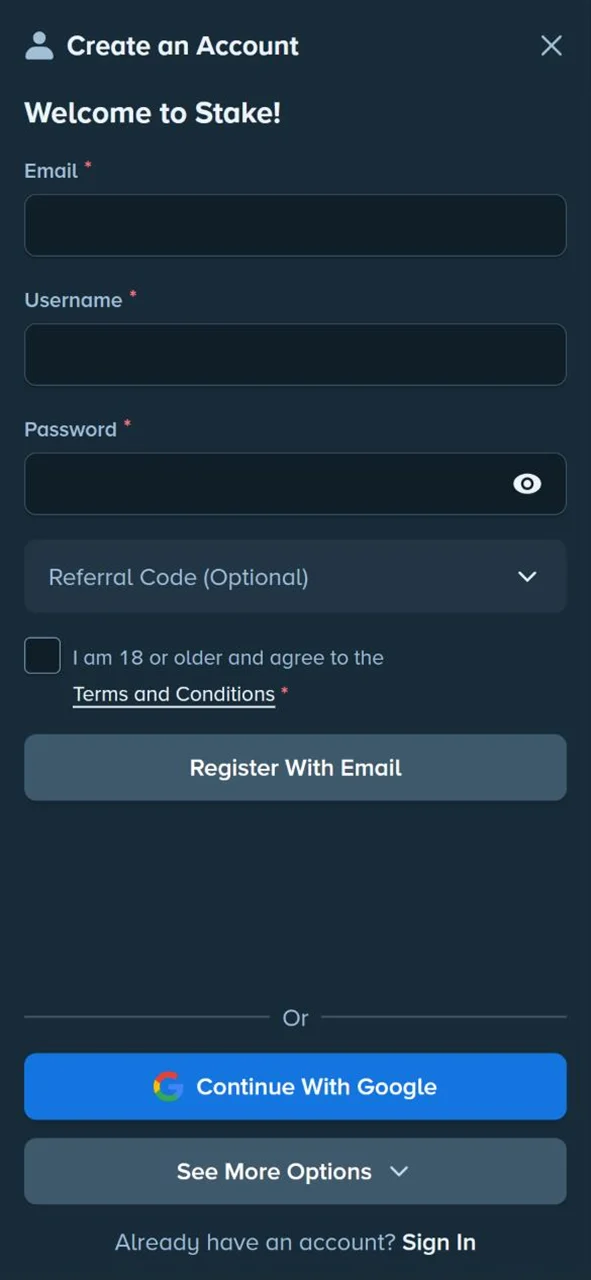 Stake mobile registration form with the referral code field for the promo code